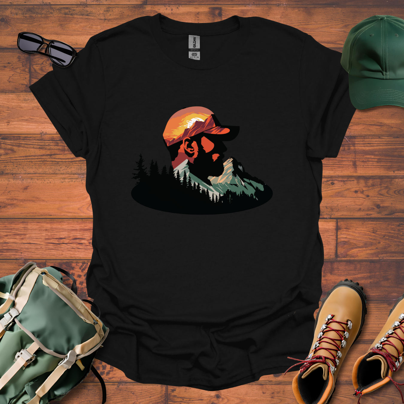 Hiker Man Trees Mountain Tee - Unisex Softstyle T-Shirt