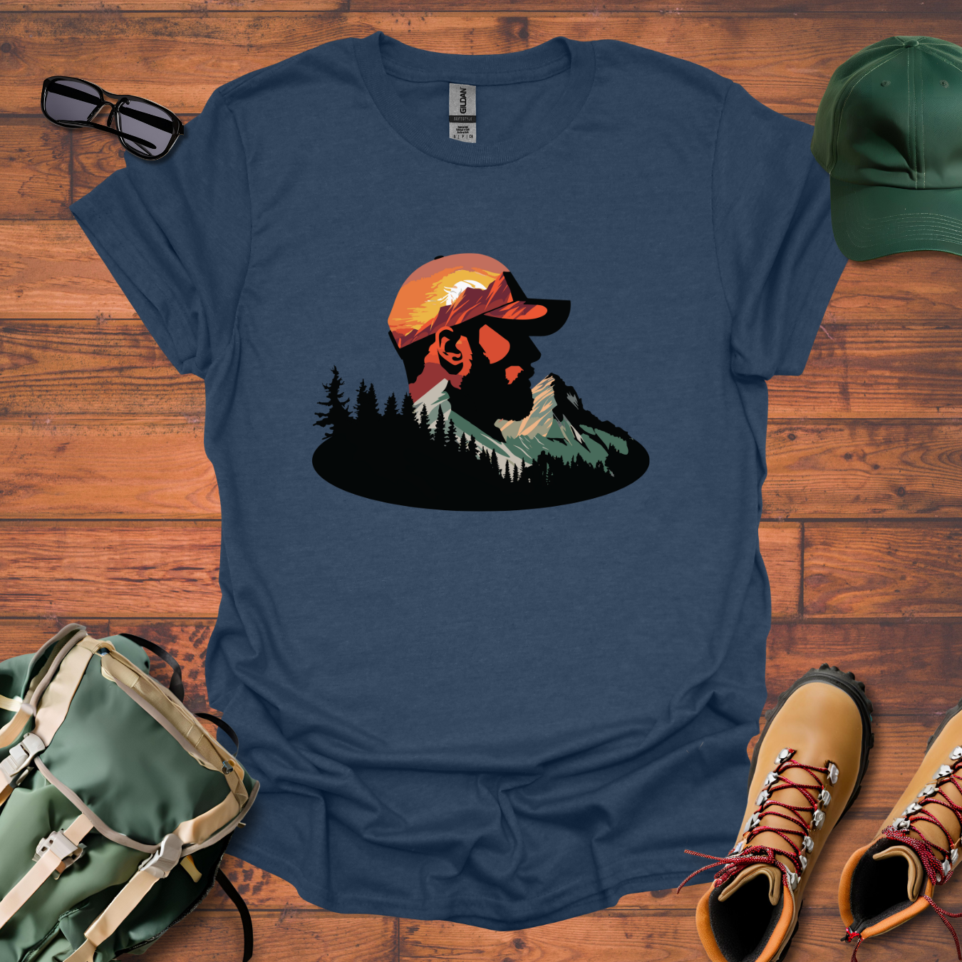 Hiker Man Trees Mountain Tee - Unisex Softstyle T-Shirt