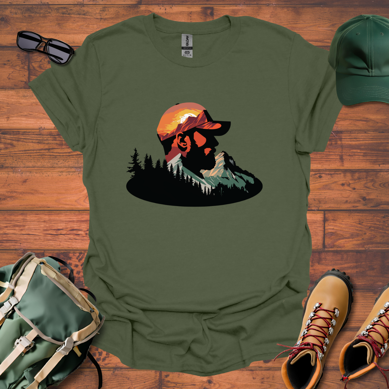 Hiker Man Trees Mountain Tee - Unisex Softstyle T-Shirt