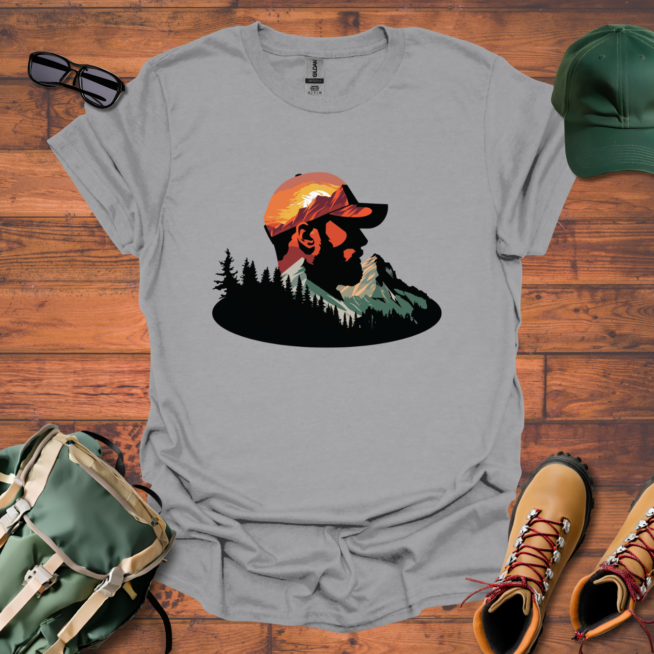 Hiker Man Trees Mountain Tee - Unisex Softstyle T-Shirt