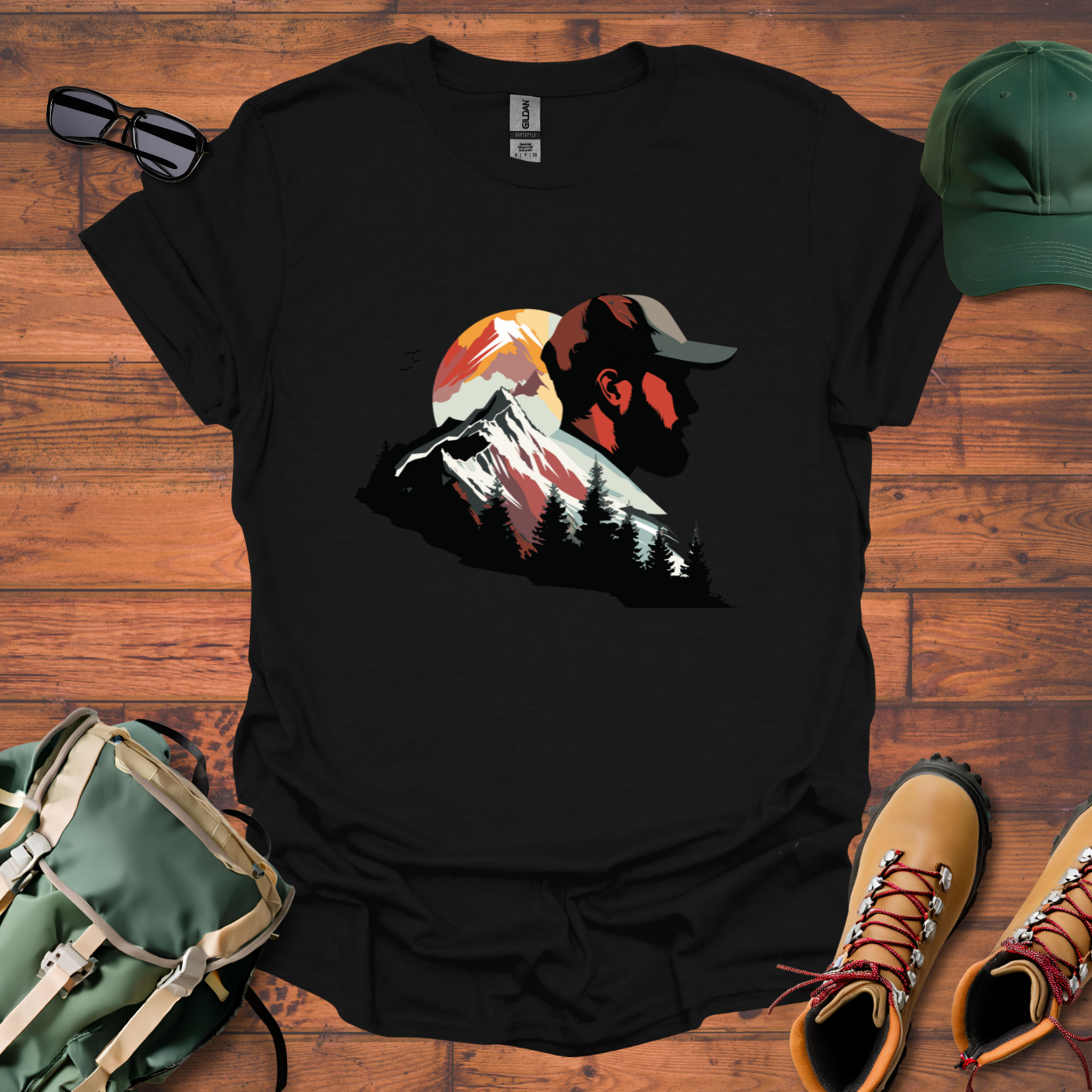 Hiker Man Mountains Sun Tee - Unisex Softstyle T-Shirt