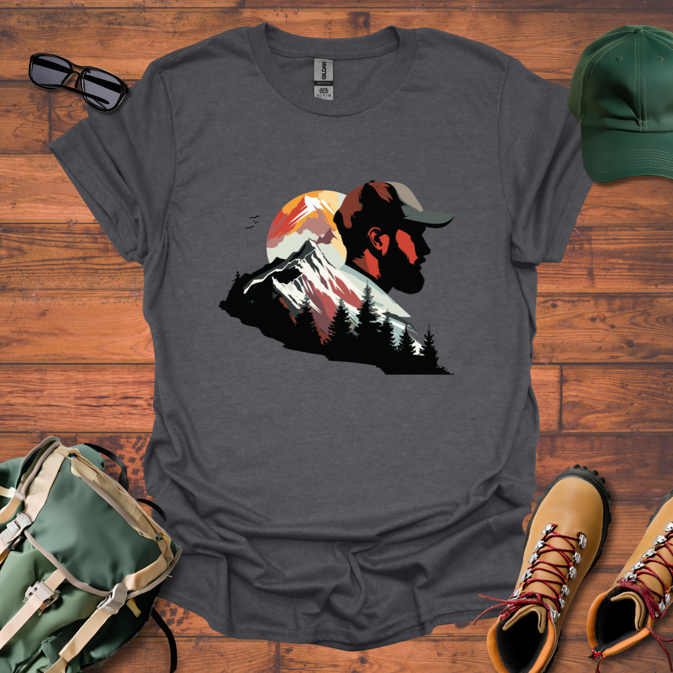 Hiker Man Mountains Sun Tee - Unisex Softstyle T-Shirt