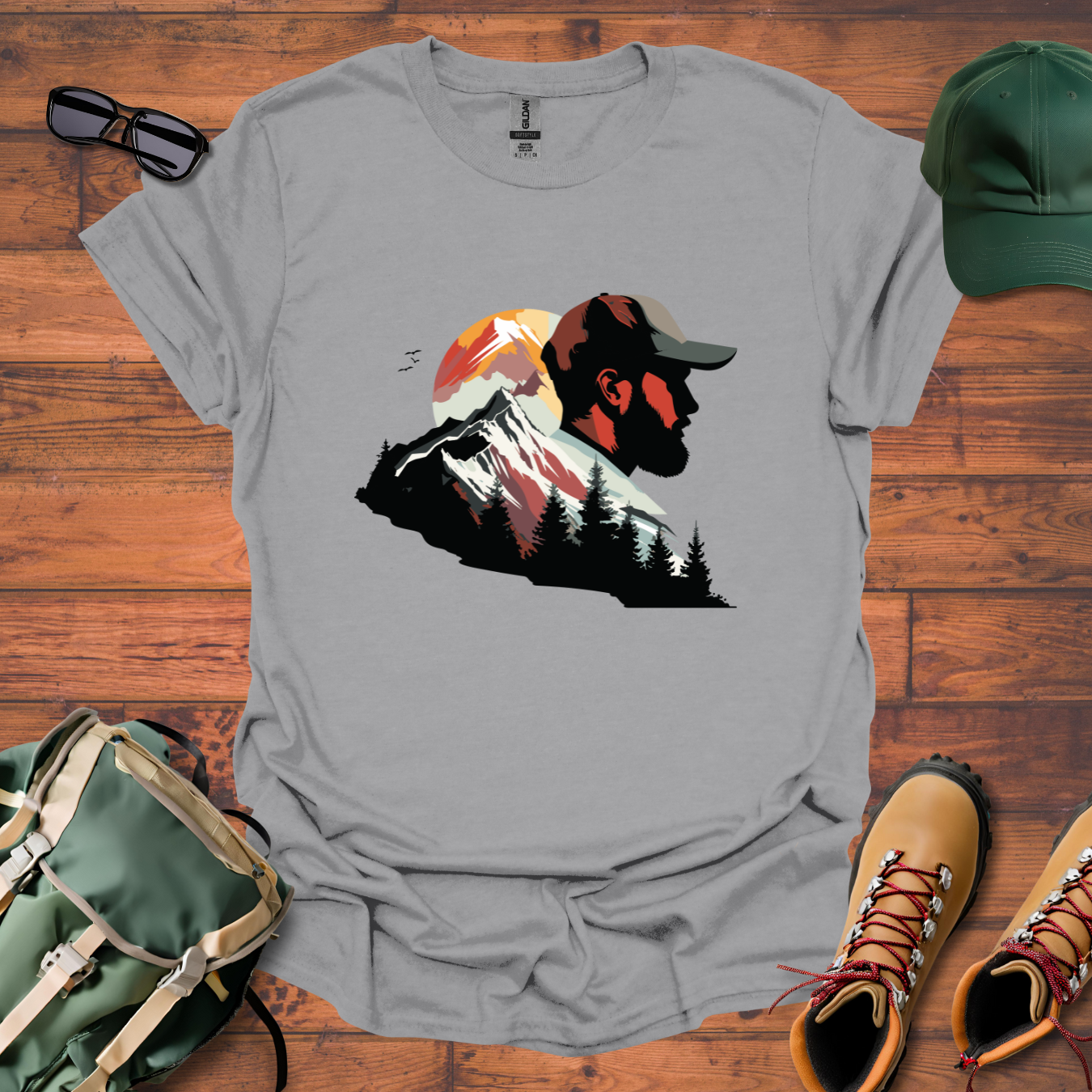 Hiker Man Mountains Sun Tee - Unisex Softstyle T-Shirt