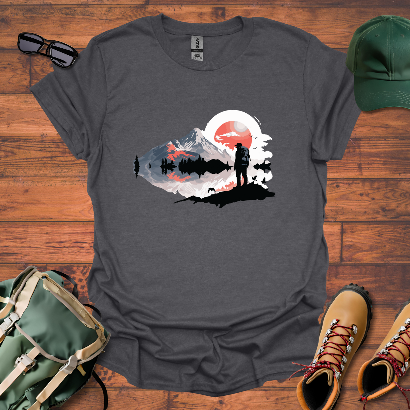 Hiker Man Water Mountains Tee - Unisex Softstyle T-Shirt