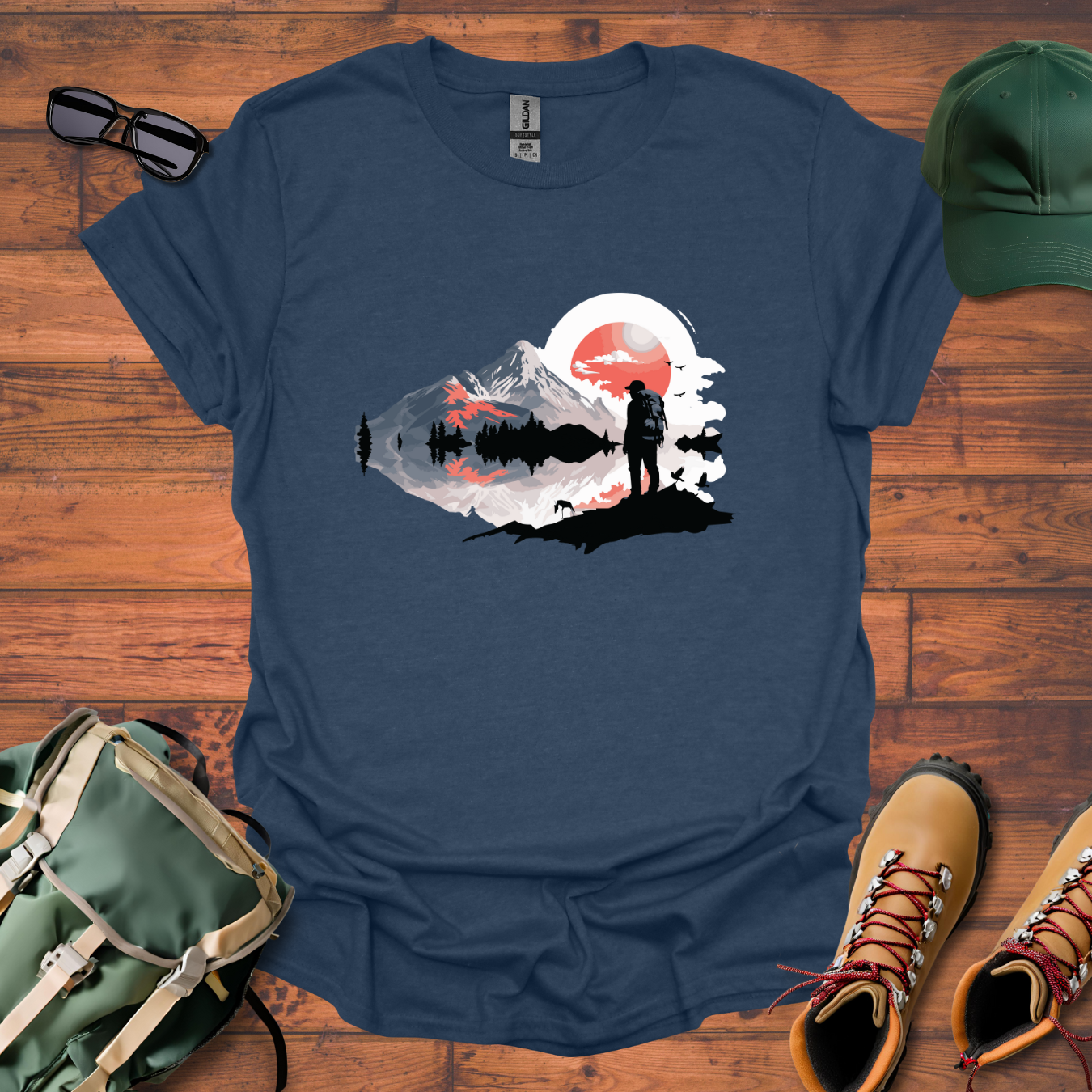 Hiker Man Water Mountains Tee - Unisex Softstyle T-Shirt