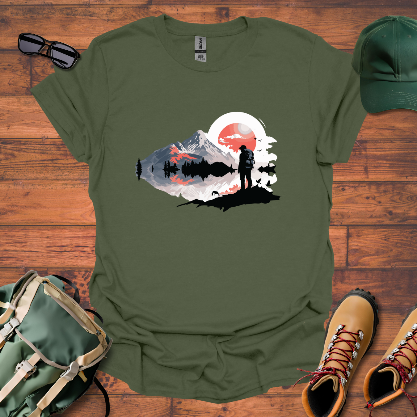 Hiker Man Water Mountains Tee - Unisex Softstyle T-Shirt
