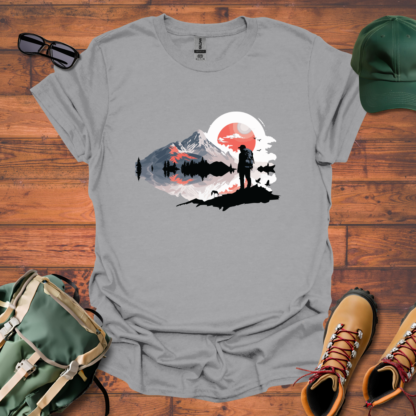 Hiker Man Water Mountains Tee - Unisex Softstyle T-Shirt