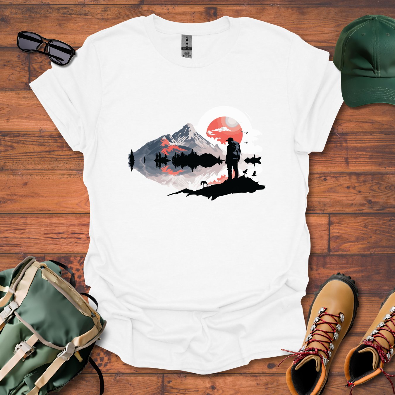 Hiker Man Water Mountains Tee - Unisex Softstyle T-Shirt