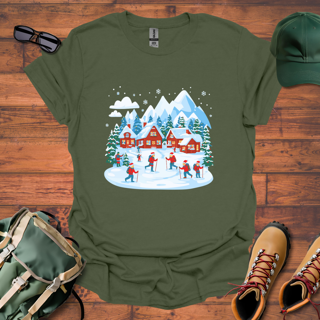 Christmas Village Skiing Tee - Unisex Softstyle T-Shirt