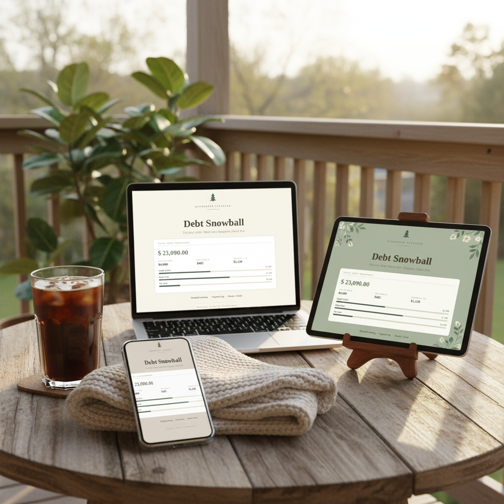Debt Snowball Tracker in Minimalist, Cottagecore and Clean Girl styles on a porch table