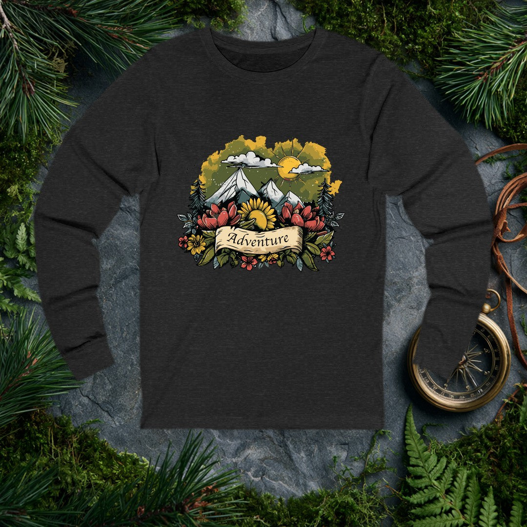 Snow-capped mountains rise behind a sunflower and wild red blooms, all anchored by a hand-lettered scroll that reads Adventure — for the person who chases both…