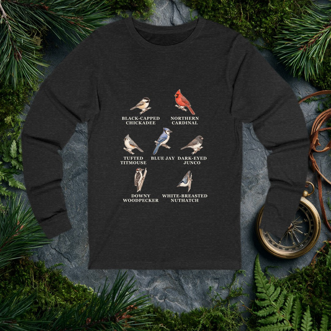 Backyard Winter Birds long sleeve, Dark Grey Heather