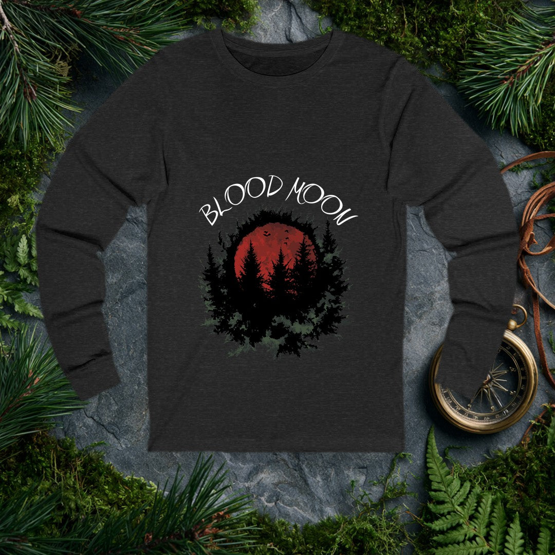 A deep crimson moon rises behind a dense stand of spruce silhouettes, birds scattered across its face and bare branches clawing the edges — built for the…