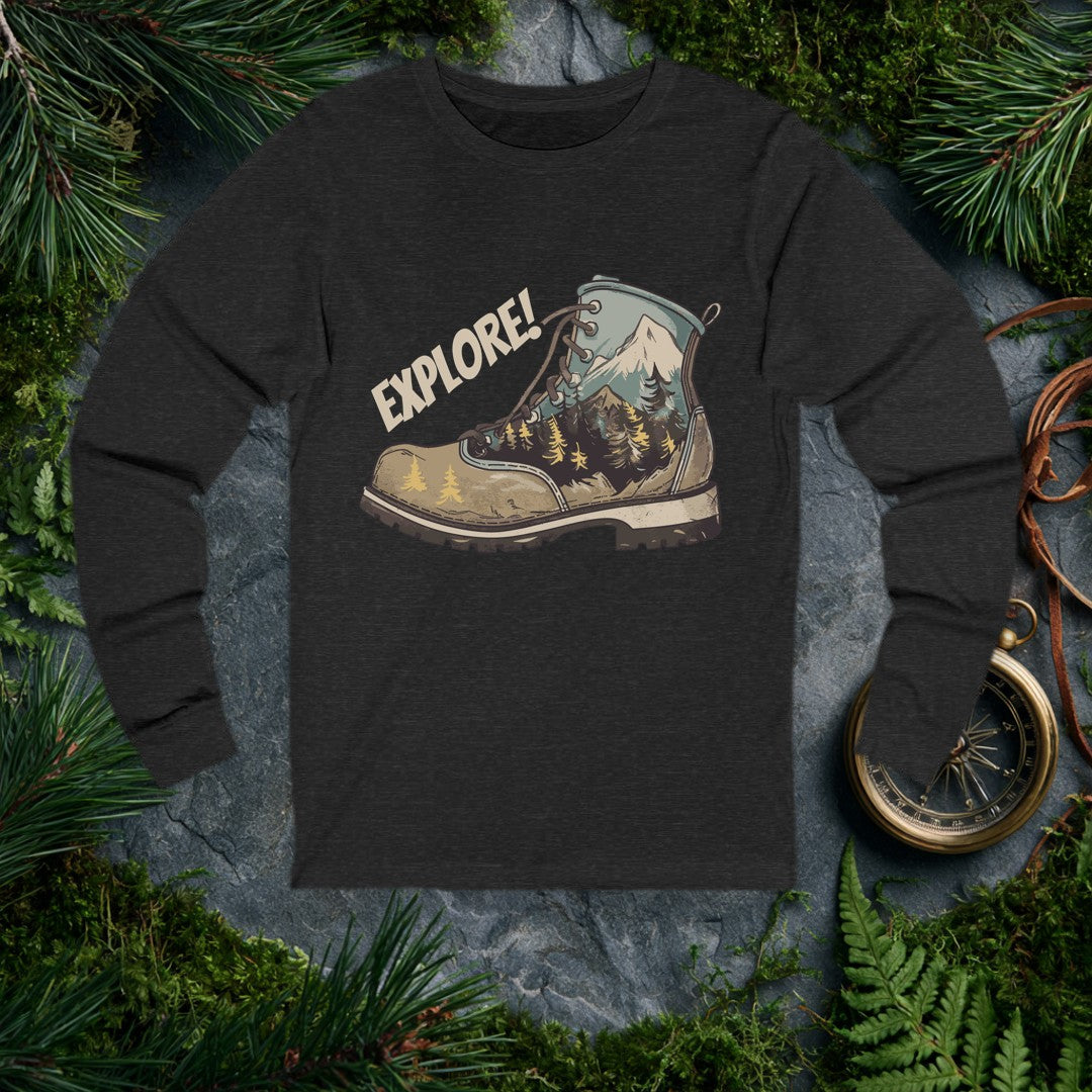 A worn leather hiking boot carries a whole wilderness inside it — snow-capped peaks rising above a dense pine forest, rendered in earthy tans and muted teal.…