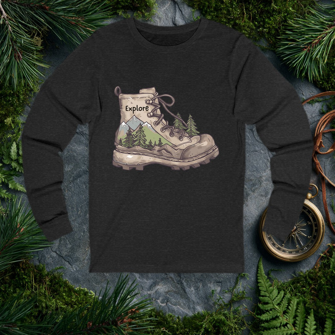 A well-worn hiking boot carries its own wilderness inside — snow-capped peaks, a stand of evergreen pines, and open mountain meadows sketched across the…
