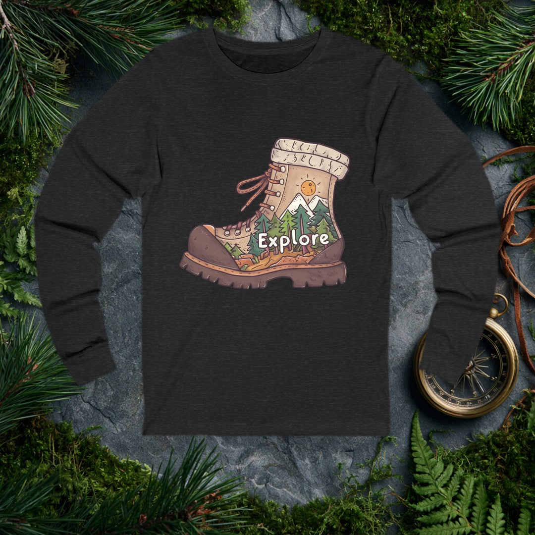 A worn trail boot holds an entire mountain scene inside it — snow-capped peaks, a stand of pines, and a warm sun rising above the ridge. For the hiker who…