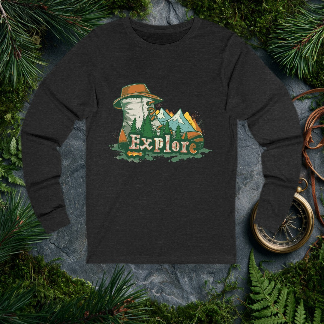 A worn hiking boot wearing a trail hat stands tall among pine trees and snow-capped peaks, with the word Explore rooted at its base — for the hiker who'd…