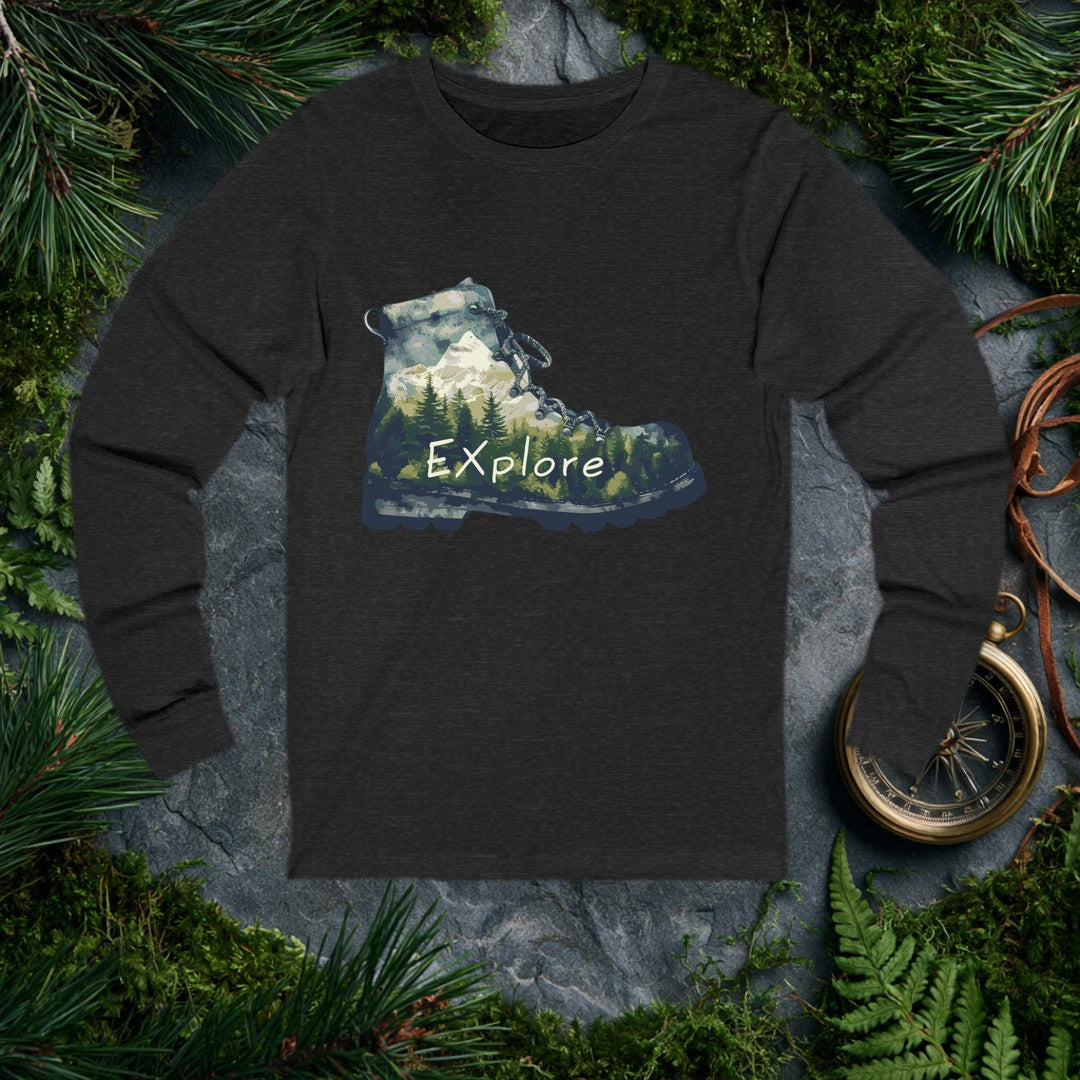 A worn hiking boot carries an entire mountain wilderness inside it — snow-capped peaks rising above a pine forest, the word Explore settled across the…