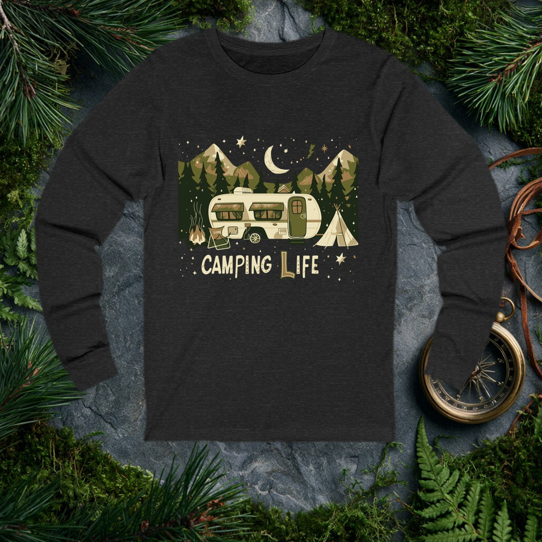 A cream-colored travel trailer sits beneath a crescent moon, ringed by dark pines and rugged mountain peaks — stars scattered across the night sky above. For…