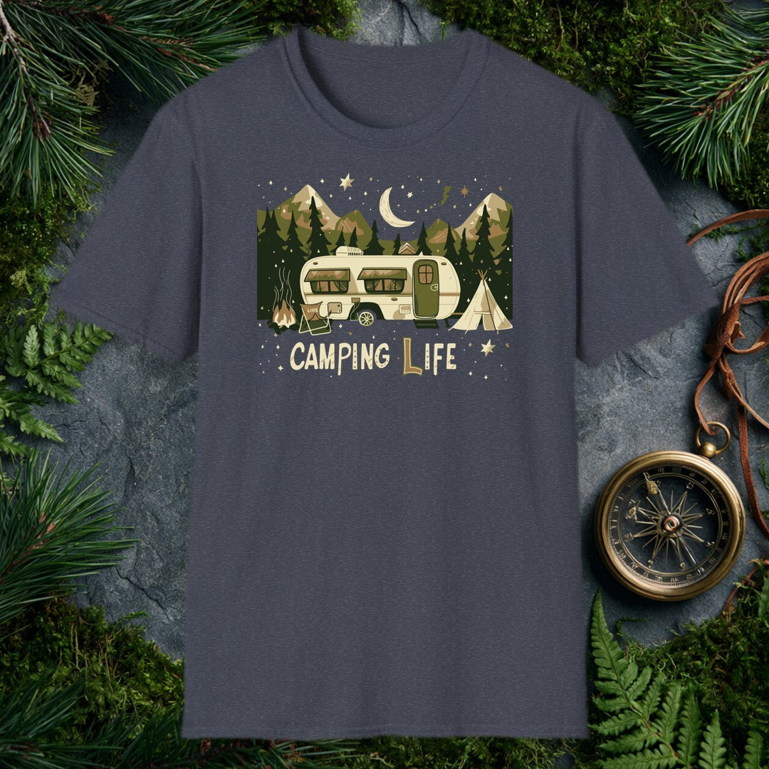 vintage travel trailer under crescent moon with dark pine trees, mountain peaks, campfire, and teepee in cream and olive