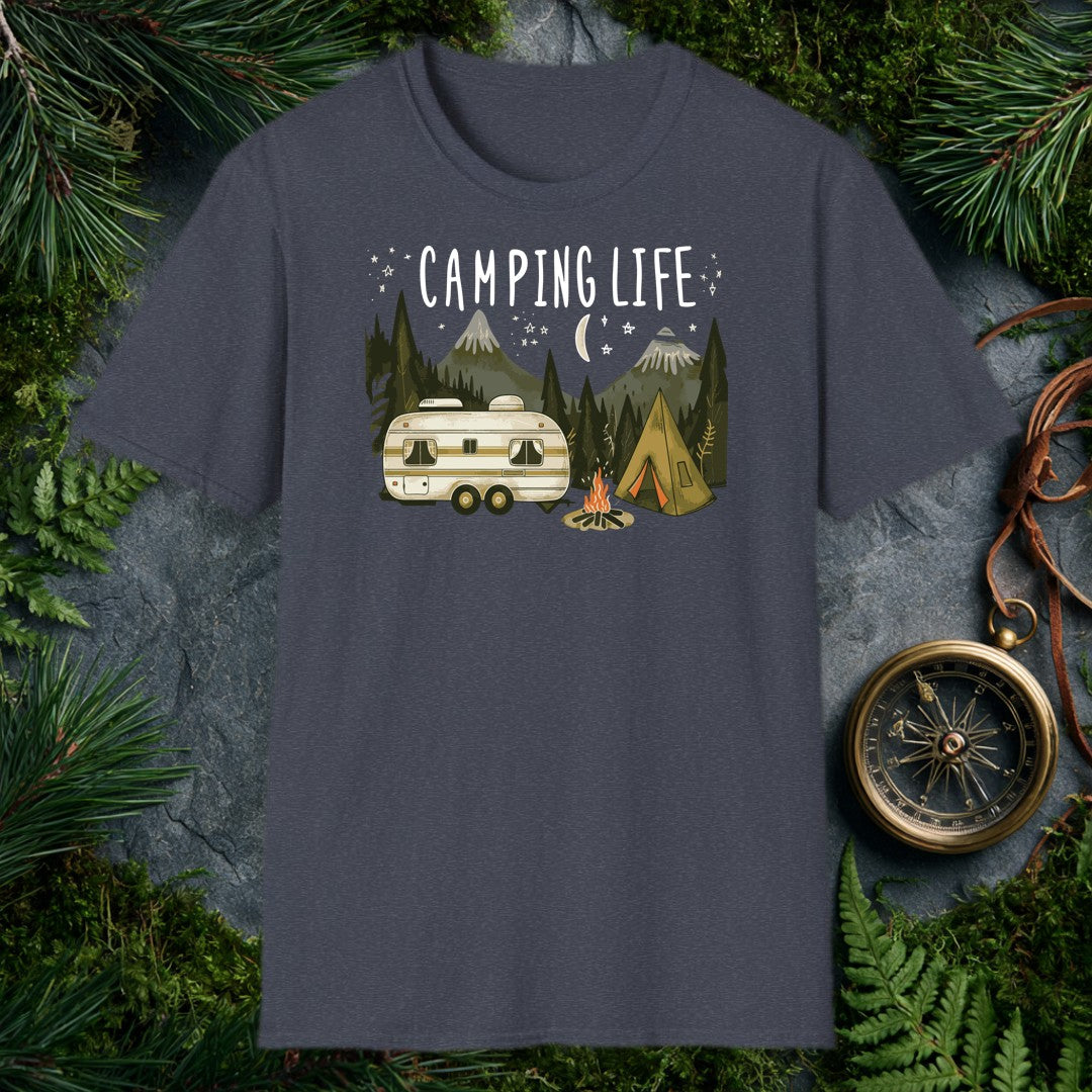 A vintage travel trailer and canvas tent sit side by side beneath a crescent moon, campfire flickering between them and pine-covered mountains rising behind —…