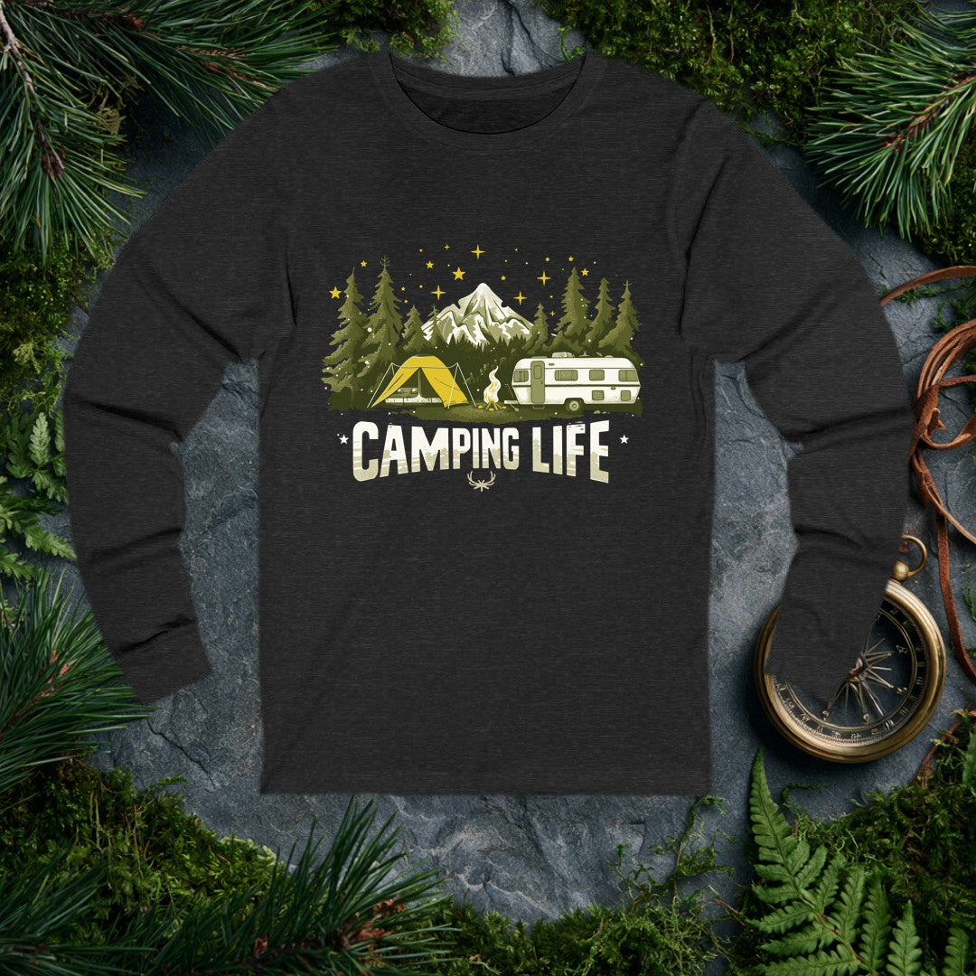 A yellow tent and a vintage travel trailer share a campfire in the pines, with a snow-capped peak rising behind them and gold stars scattered overhead — for…
