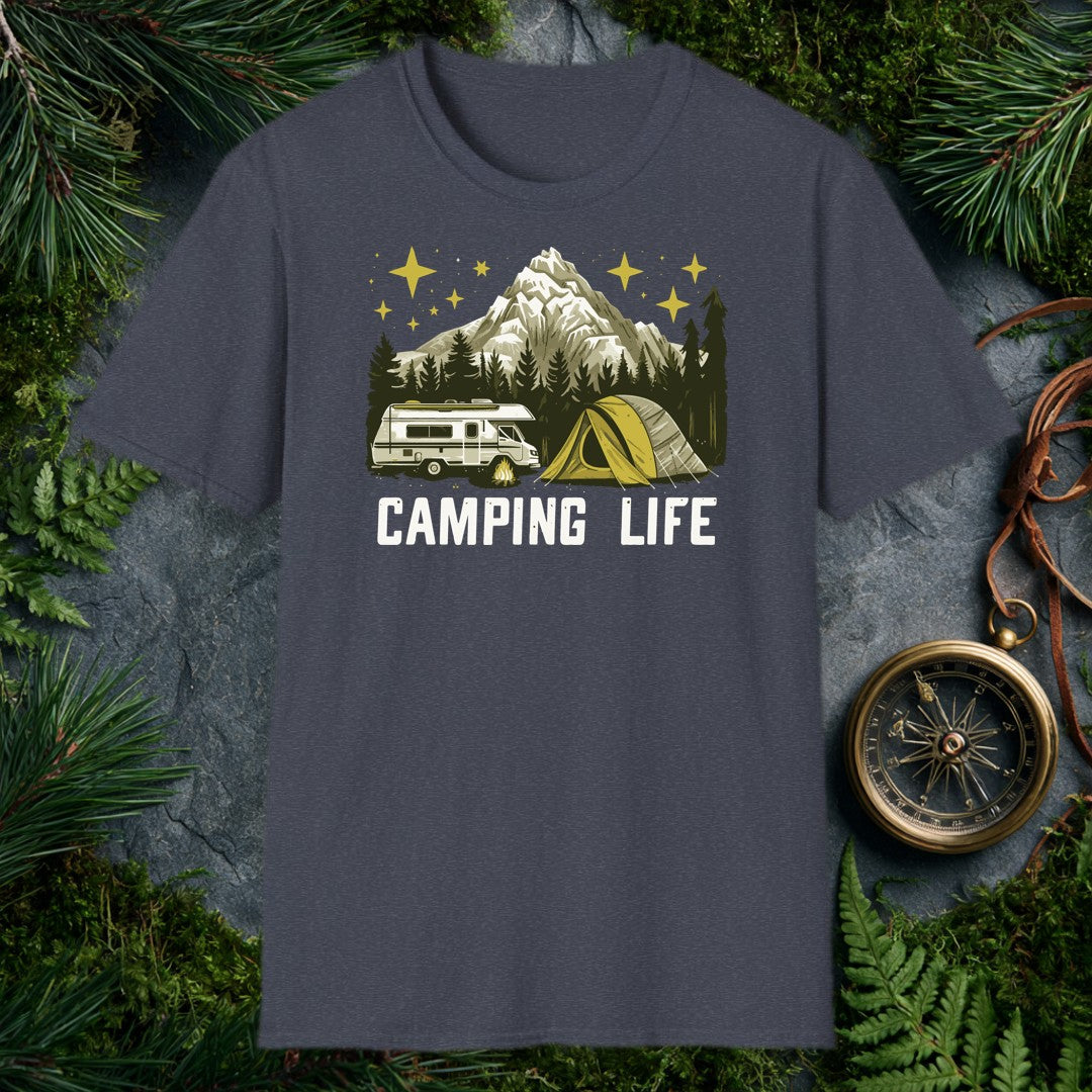 A classic motorhome and a yellow dome tent sit beside a crackling campfire, backed by dark pines and a snow-capped peak under a gold-starred sky — for anyone…
