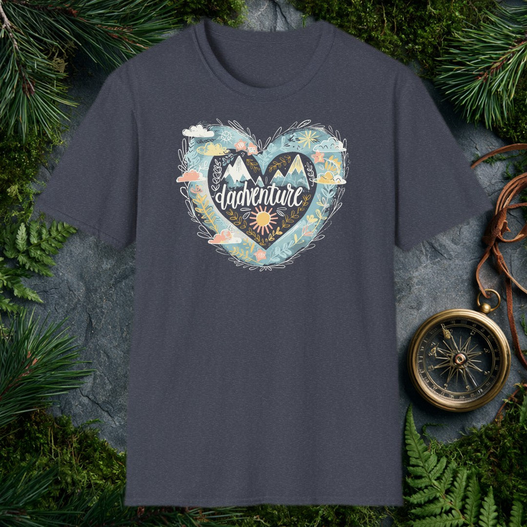 Snow-capped peaks rise inside a layered heart ringed with golden botanicals, a painted sun, and soft watercolor skies — the kind of scene a dad who'd rather be…