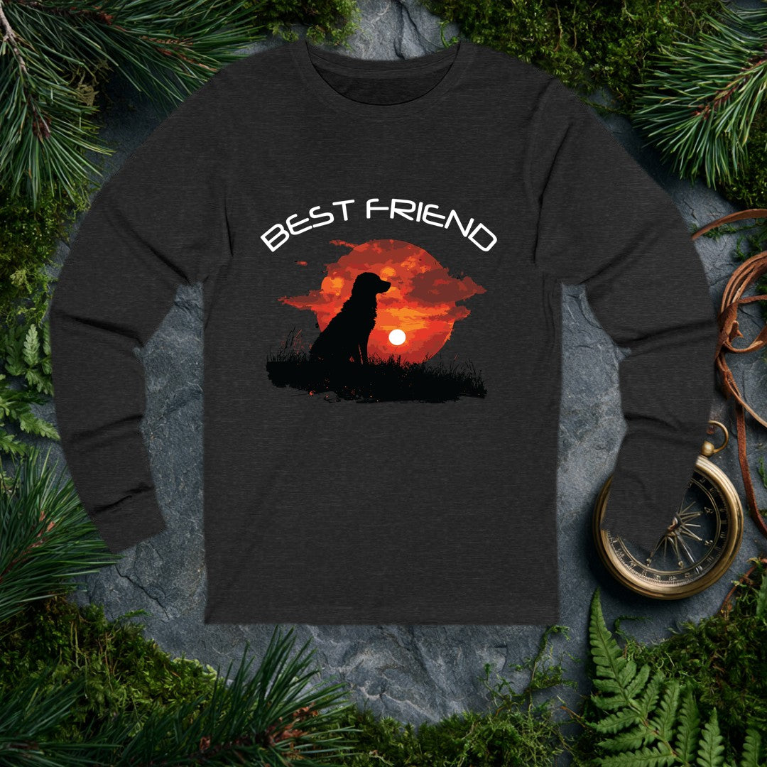 A silhouette of a long-haired dog sits in tall grass, watching the sun sink into a deep red sky — painted in brushy oranges and dark clouds. It's for anyone…