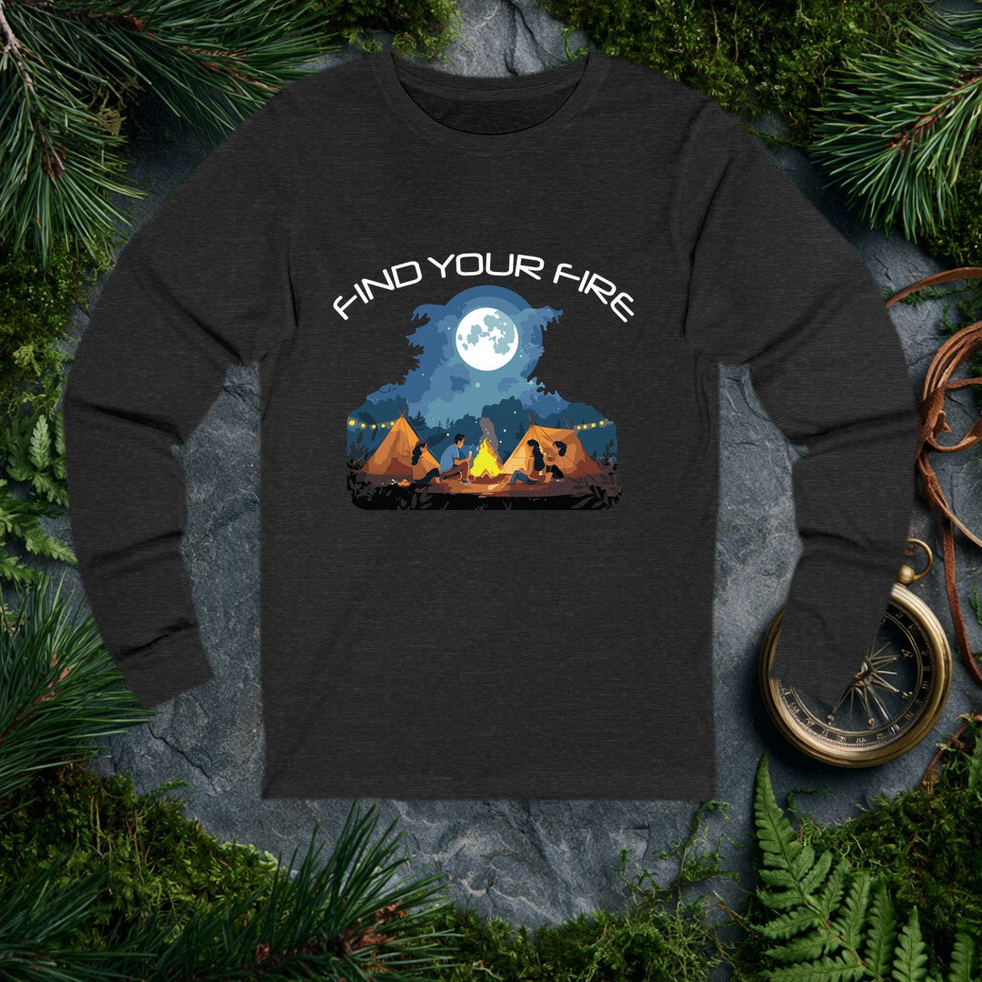 Four friends gathered around a crackling campfire, two canvas tents glowing warm behind them, a full moon rising over the pines — this one's for the person who…