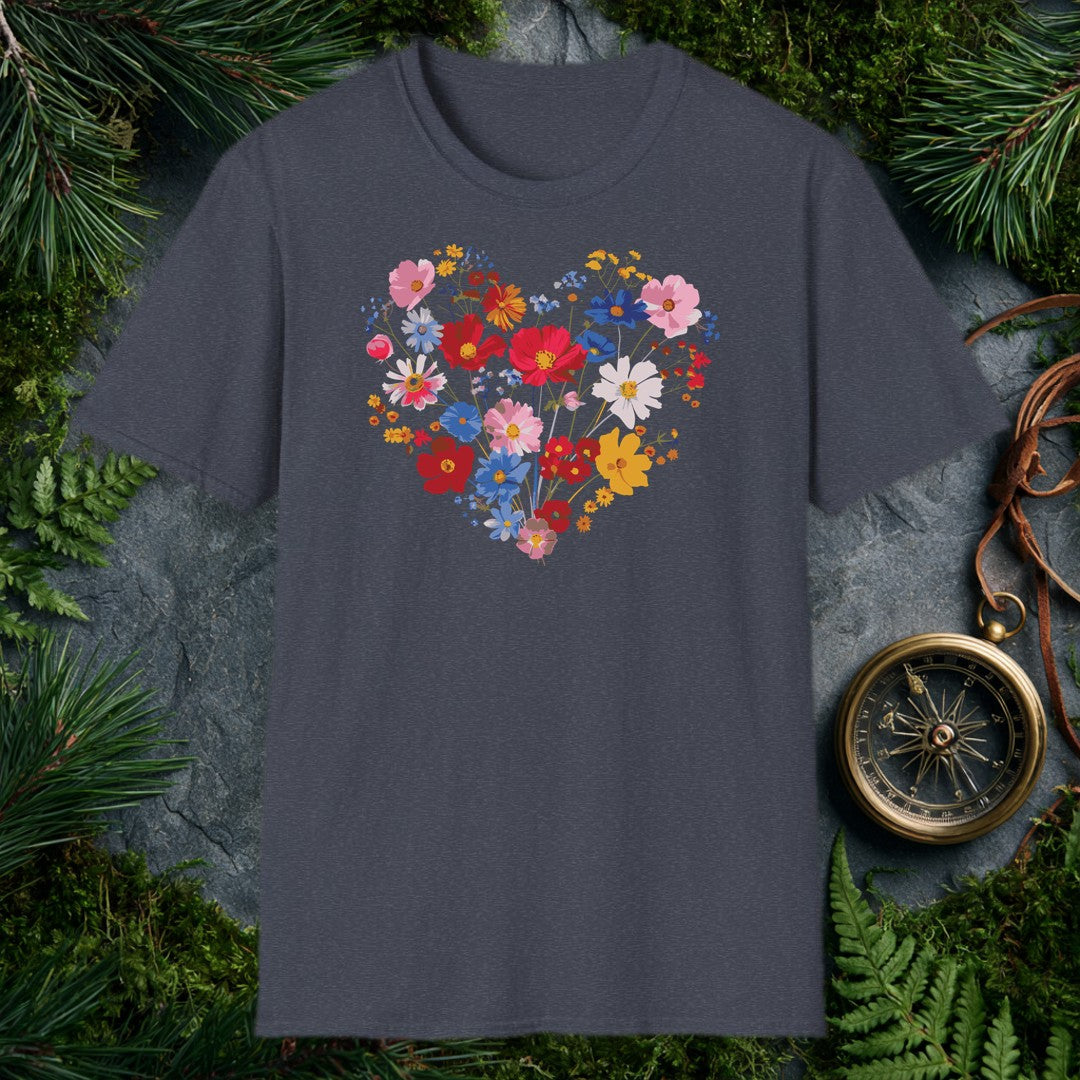 A generous heart built from cosmos, poppies, and wildflowers in red, blue, blush, and gold — the kind of bouquet someone who loves their garden gives to…