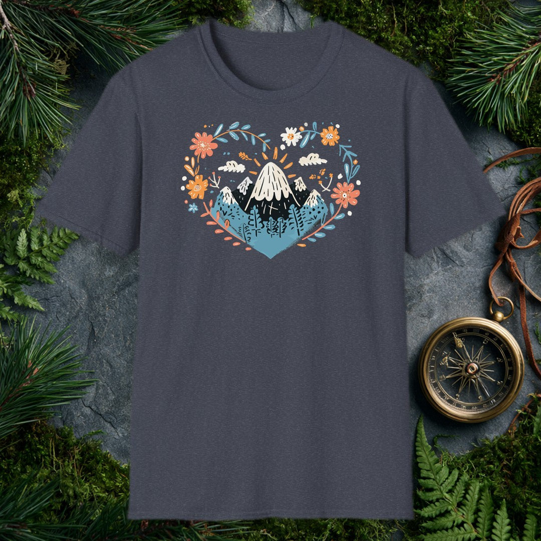 Snow-capped peaks rise above a pine forest, framed by a heart-shaped wreath of poppies, daisies, and marigolds in coral, gold, and dusty blue — for anyone who…