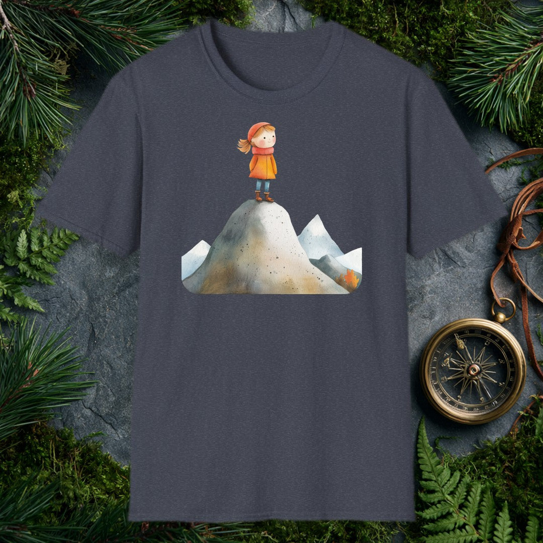 A rosy-cheeked girl in an orange coat stands at the top of a snow-dusted peak, smaller ridges fanning out behind her — painted in soft watercolor for the kid…