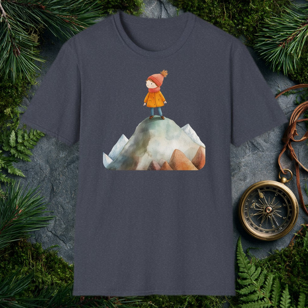 A small, determined figure in a mustard coat and red knit hat stands atop a snow-dusted mountain peak, surrounded by a range of smaller summits — painted in…