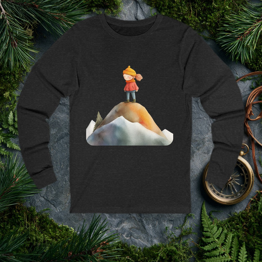 A rosy-cheeked girl in a red coat and orange knit hat stands at the top of a snow-rimmed mountain, pine trees behind her, wind catching her hair — for the kid…