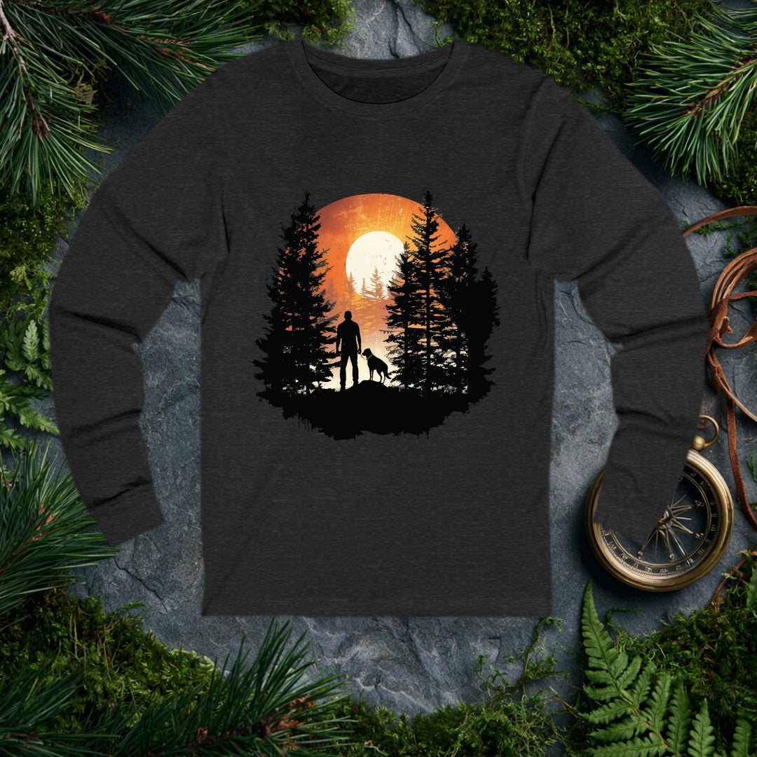 A silhouetted hiker and his dog stand together on a rocky ridge, framed by tall pines with a blazing sun rising full behind them — for anyone who starts their…