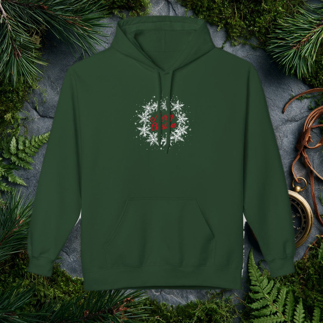 Red script lettering spells out Merry Christmas against a soft wreath of drifting silver snowflakes — clean, quiet, and just festive enough for anyone who…