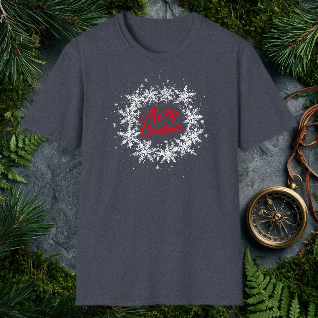 Red script lettering spells out Merry Christmas against a soft wreath of drifting silver snowflakes — clean, quiet, and just festive enough for anyone who…