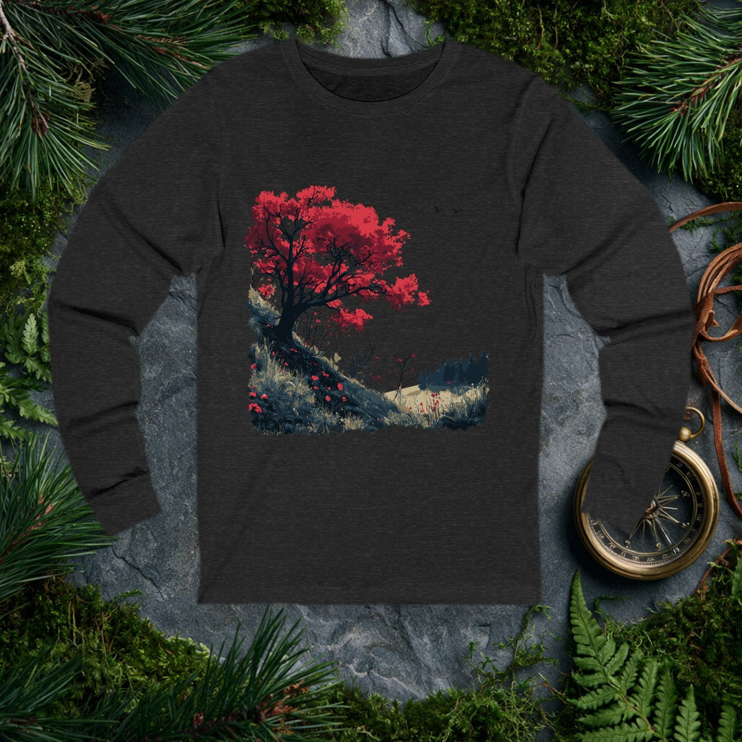 A lone red-leafed tree leans over a dark hillside scattered with fallen petals, bare shrubs, and distant pines — drawn for the person who stops mid-trail when…