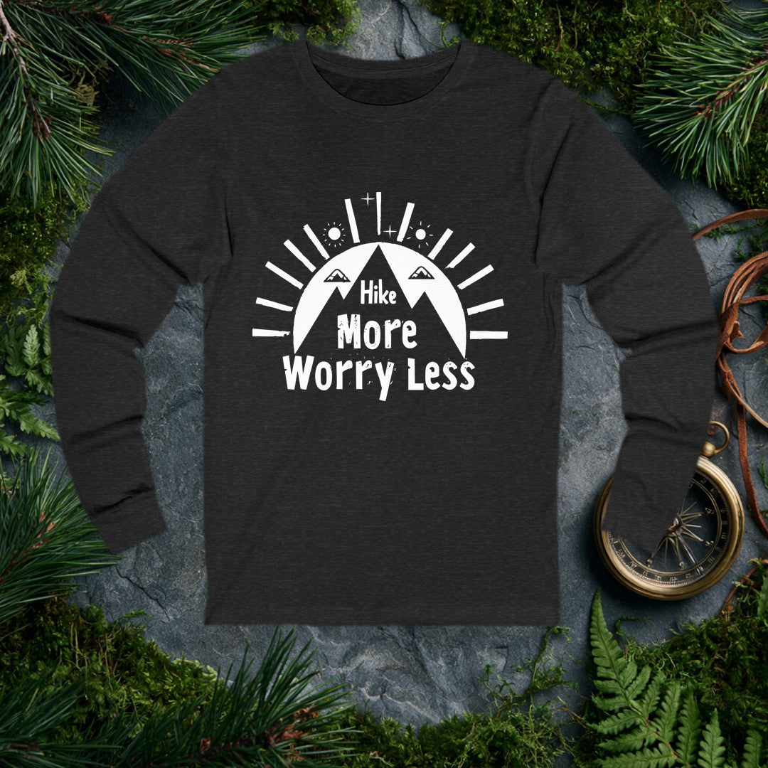 A bold rising sun crowns a lone hiker on the trail, rays fanning wide and the words Hike More, Worry Less anchored below — for the person who knows the cure…
