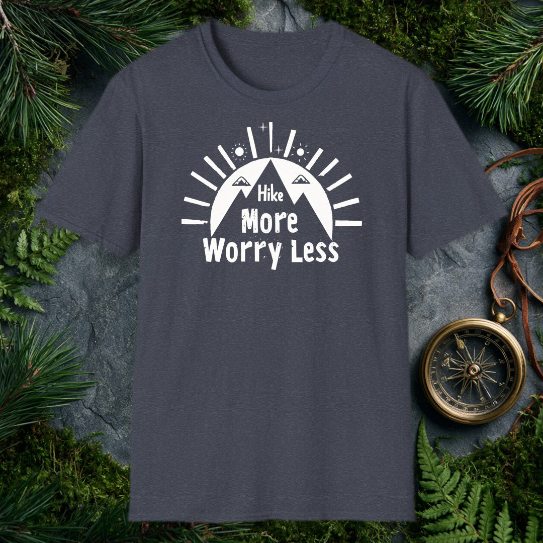 A bold rising sun crowns a lone hiker on the trail, rays fanning wide and the words Hike More, Worry Less anchored below — for the person who knows the cure…