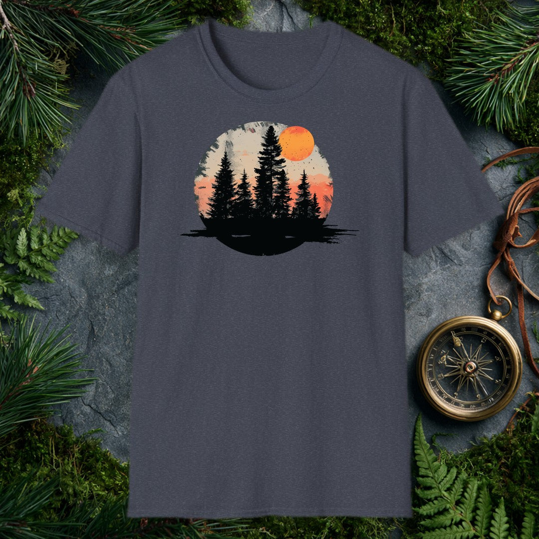 A stand of tall evergreens rises in silhouette against a warm amber sky, a deep orange harvest moon cresting the canopy above layered coral mountains — for the…