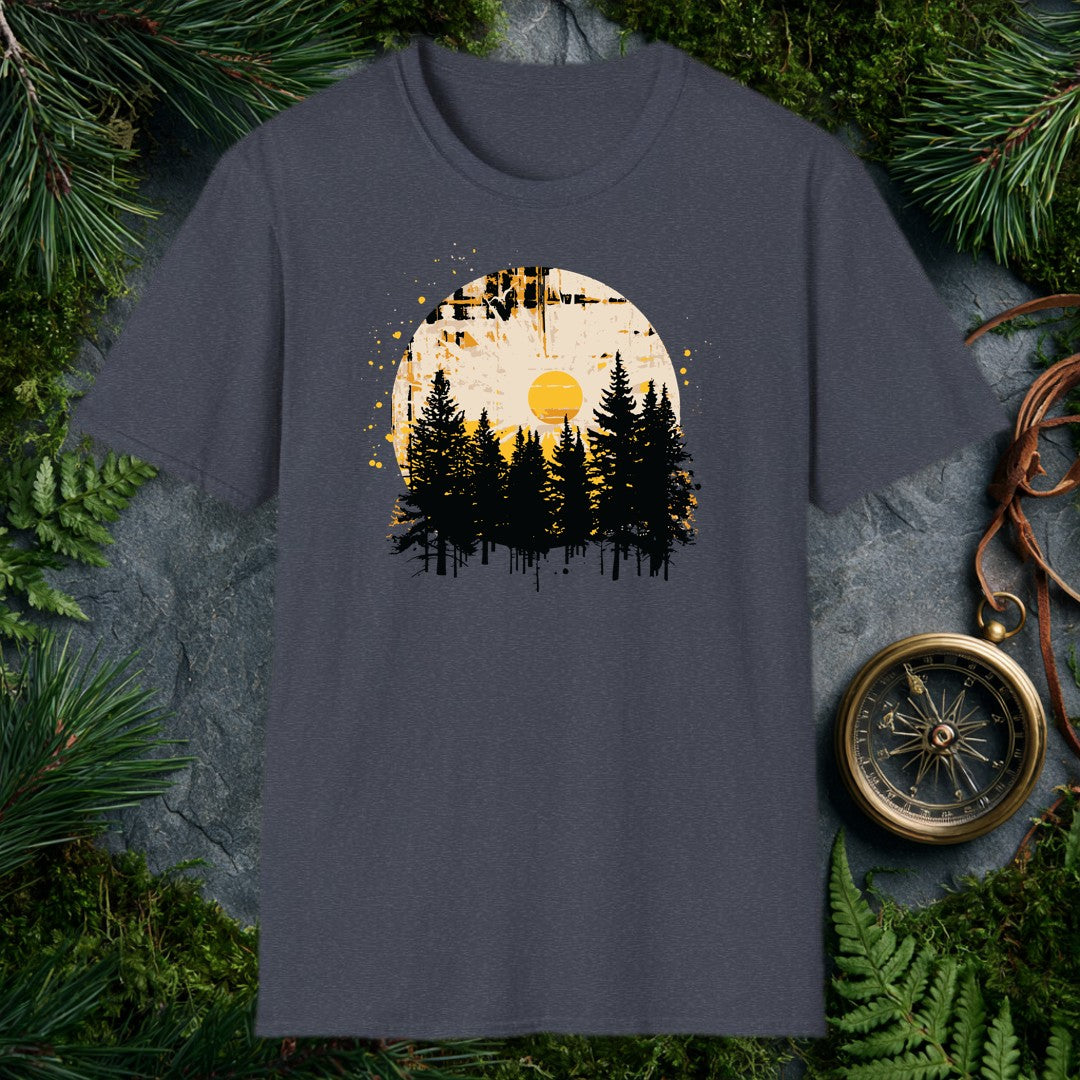 A silhouette of tall pines rises against a weathered circle, a golden sun glowing at its center like the last warm light before the trail bends out of sight —…