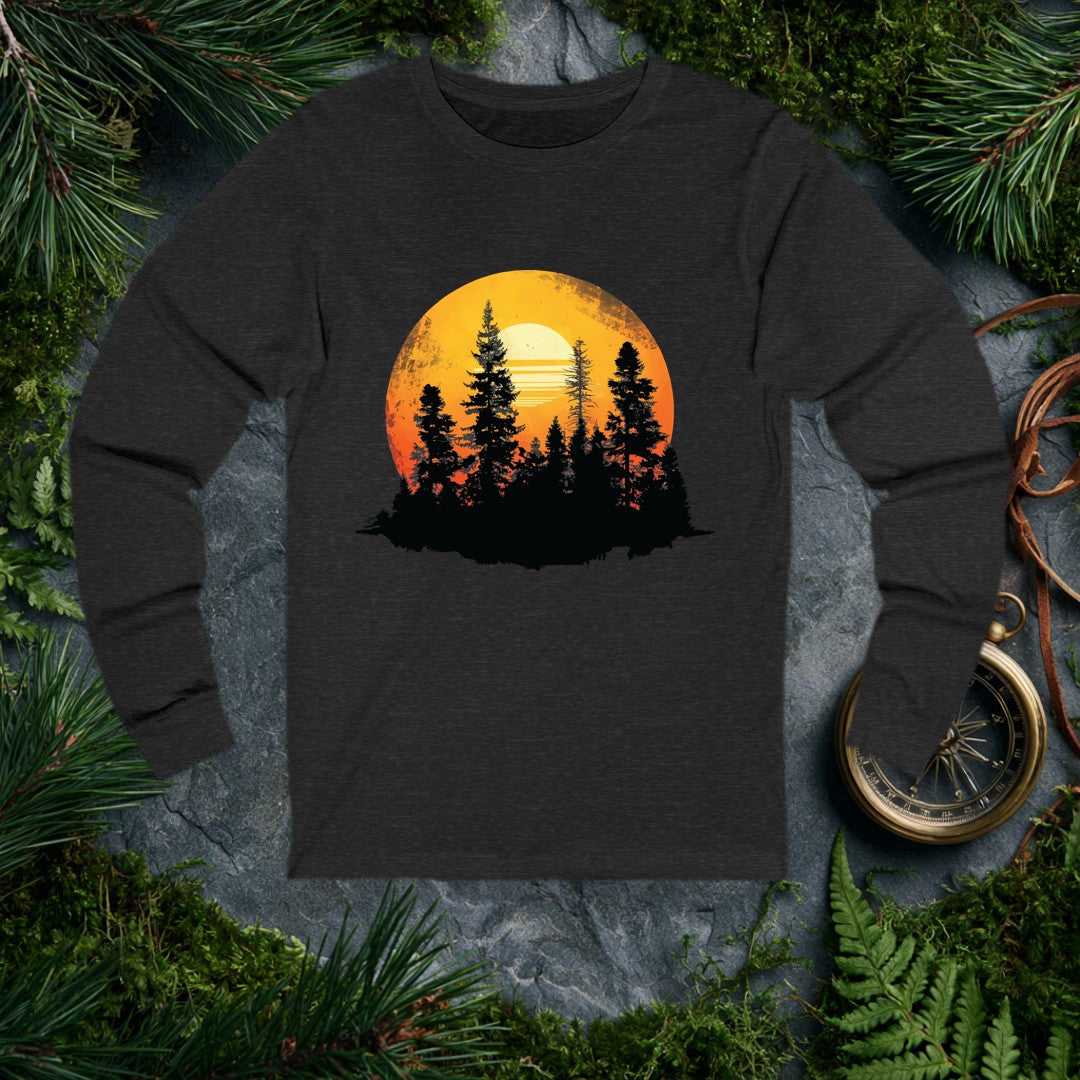 A stand of tall conifers silhouetted against a glowing orange sunset, framed inside a weathered vintage circle — built for the person who'd rather watch the…