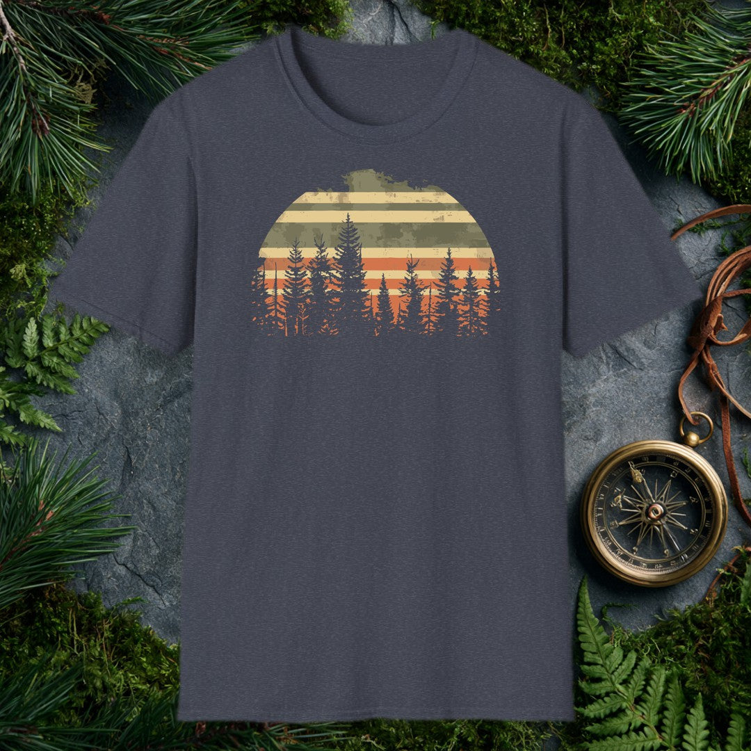 A semicircle sun striped in muted tan, olive, and burnt orange rises behind a silhouette of tall evergreen pines — built for the hiker who measures sunsets by…