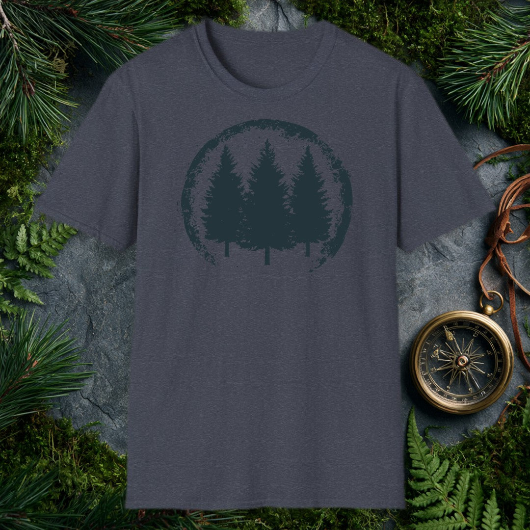 distressed circular badge with three pine tree silhouettes in dark teal on white, grunge-edged border