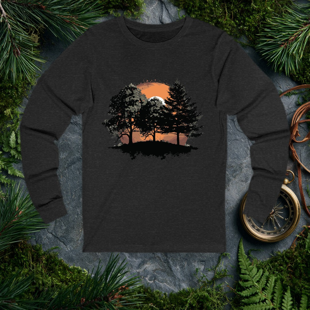 A stand of broadleaf and evergreen trees rises from an ink-splattered hillside, silhouetted against a wide orange sun caught mid-set. It's for the one who…