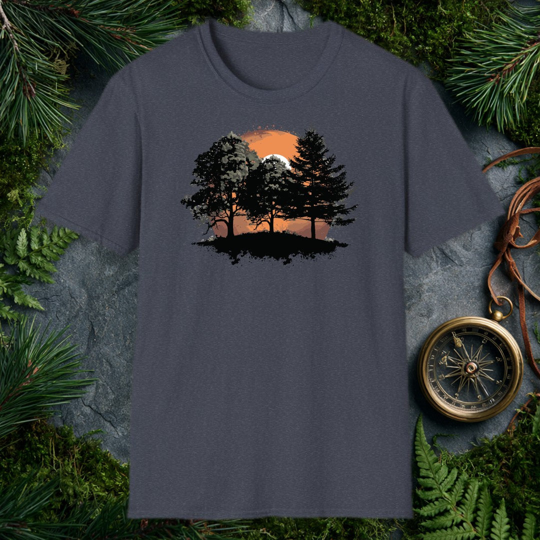 ink-splatter silhouette of broadleaf and pine trees on a hill against a large orange setting sun