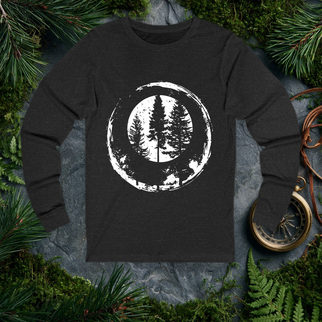 Two tall conifers rise side by side inside a distressed ink circle — the kind of view you stop mid-trail just to take in. Made for the person who measures a…