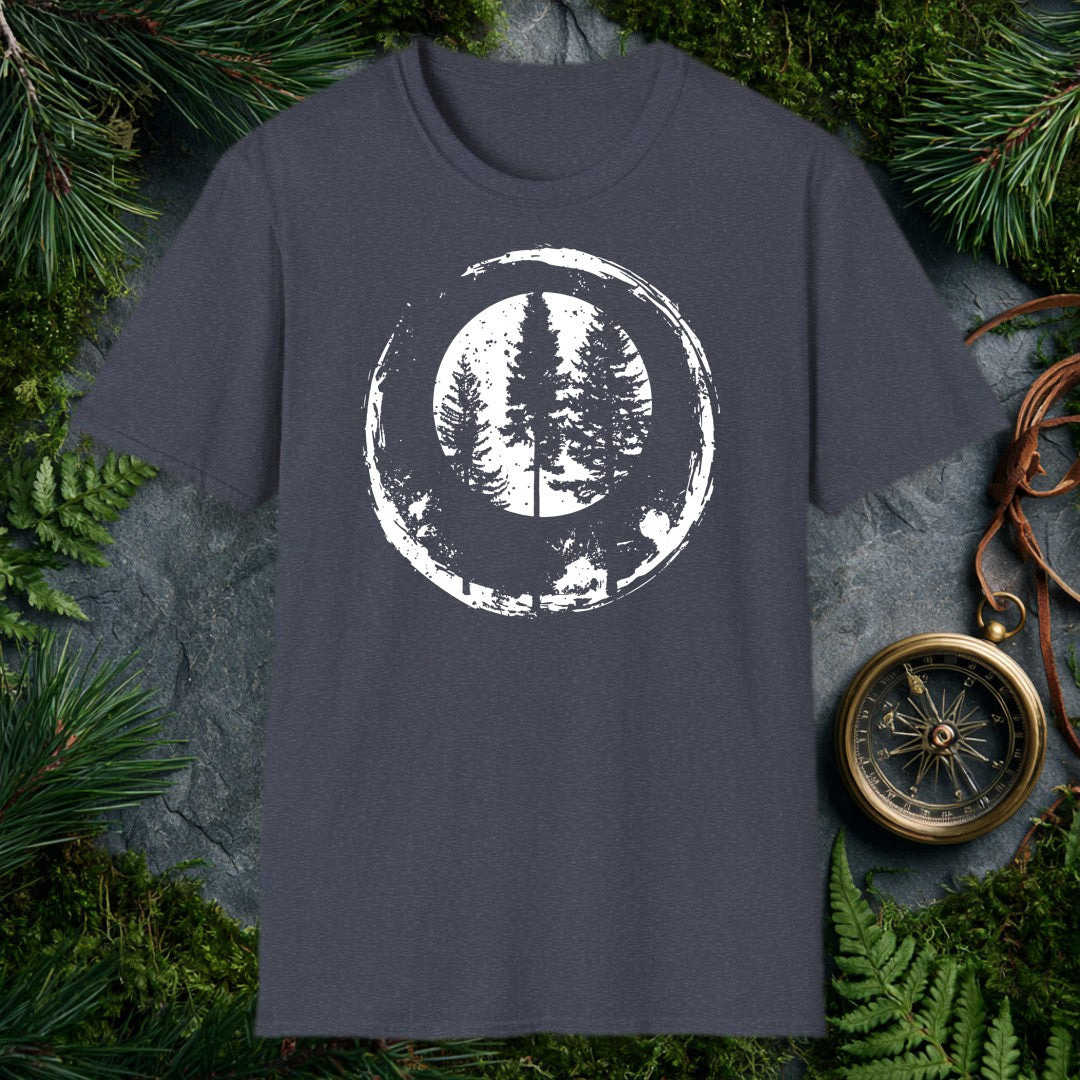 Two tall conifers rise side by side inside a distressed ink circle — the kind of view you stop mid-trail just to take in. Made for the person who measures a…